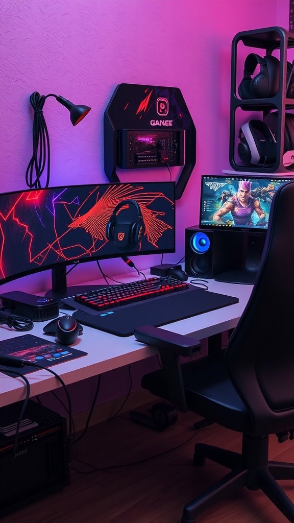 A well-organized gaming room with dual monitors, a gaming chair, and neat cable management.
