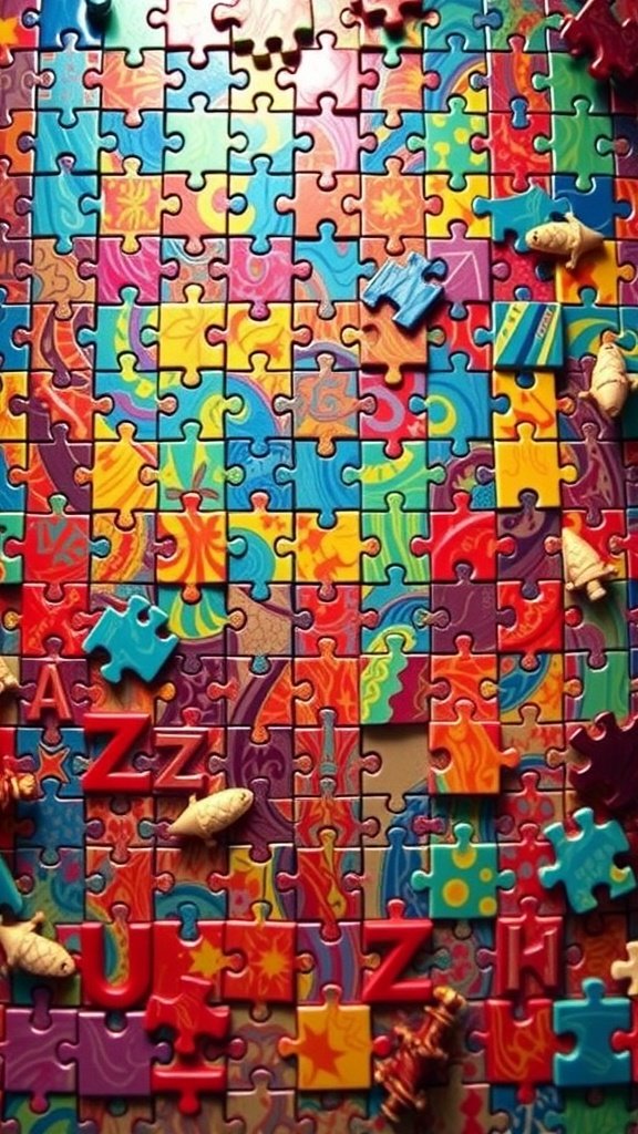 Colorful puzzle pieces scattered on a table