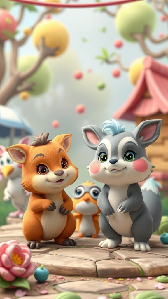 Charming animal characters including a fox, raccoon, and a small bird in a colorful, playful setting.
