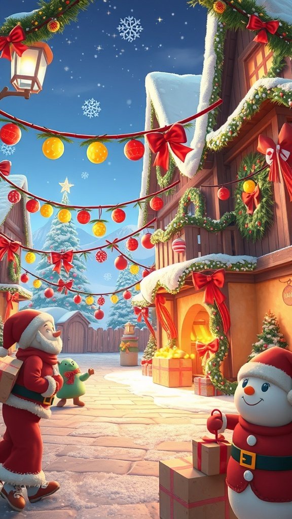 A festive winter scene featuring Santa Claus, a snowman, and colorful decorations in a snowy street.