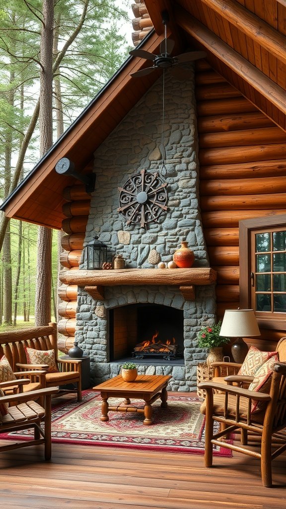 35 Dreamy Bloxburg House Ideas to Inspire Your Next Build A cozy log cabin with a stone fireplace and wooden seating.