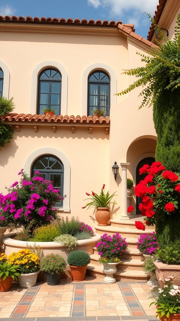 35 Dreamy Bloxburg House Ideas to Inspire Your Next Build A charming Mediterranean villa with colorful flowers and a warm entrance.