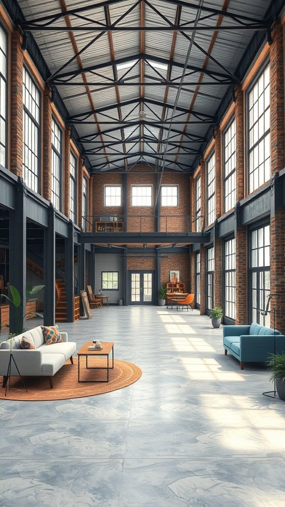 35 Dreamy Bloxburg House Ideas to Inspire Your Next Build Interior of a chic industrial warehouse with high ceilings and large windows.