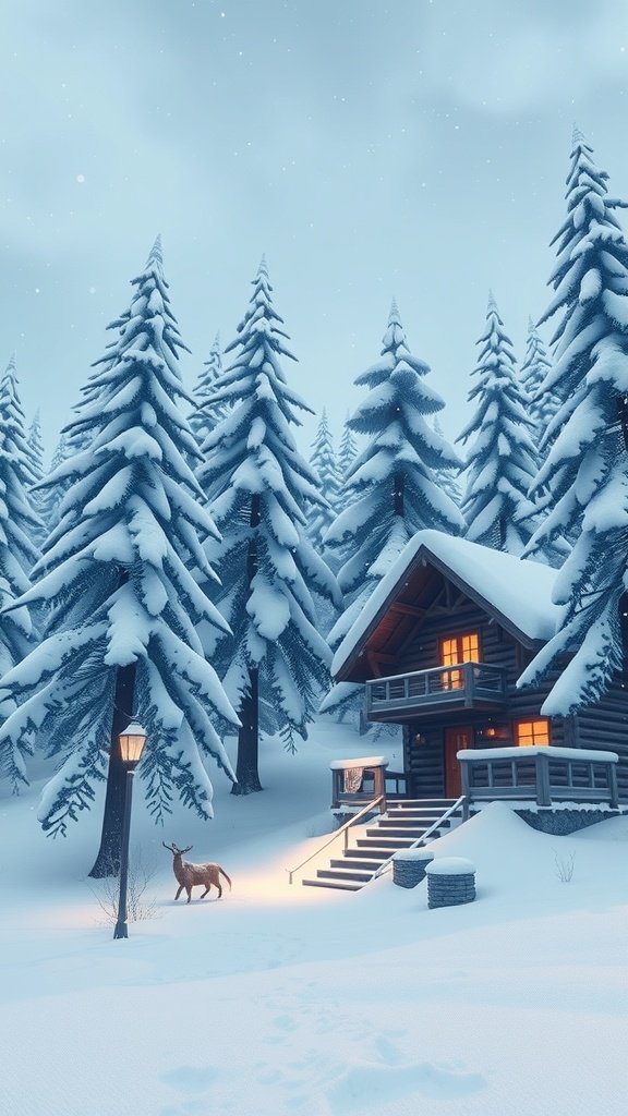 A cozy cabin in a snowy winter landscape with tall trees and a deer.