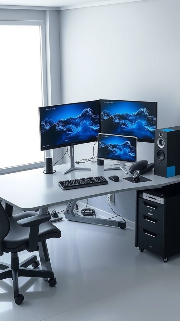 Modern gaming desk with multiple monitors, keyboard, and ergonomic chair