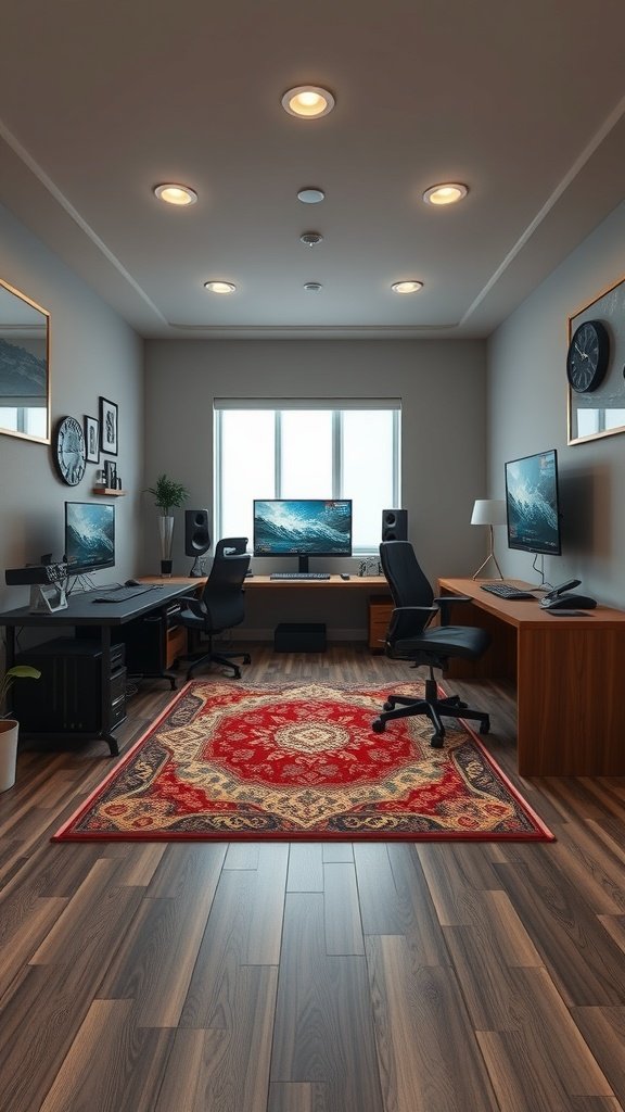 A modern gaming room with hardwood-like flooring and a decorative rug, featuring two desks with computers and a cozy atmosphere.