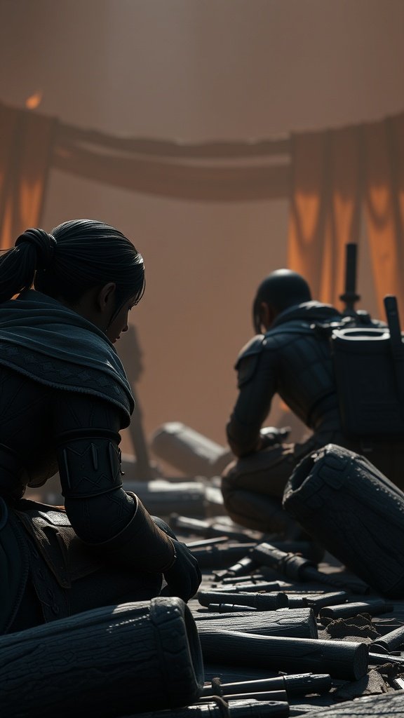 Two characters in a dimly lit setting, surrounded by tools and debris, hinting at a deeper narrative.
