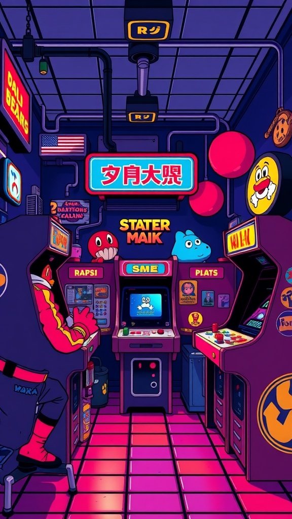 A colorful arcade scene featuring classic game machines and a player immersed in gameplay.
