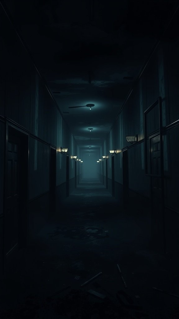 A dark, eerie hallway with flickering lights and scattered debris, typical of classic horror game settings.