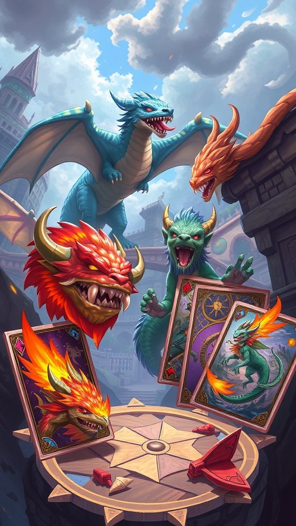 Colorful artwork featuring dragons and card game elements.