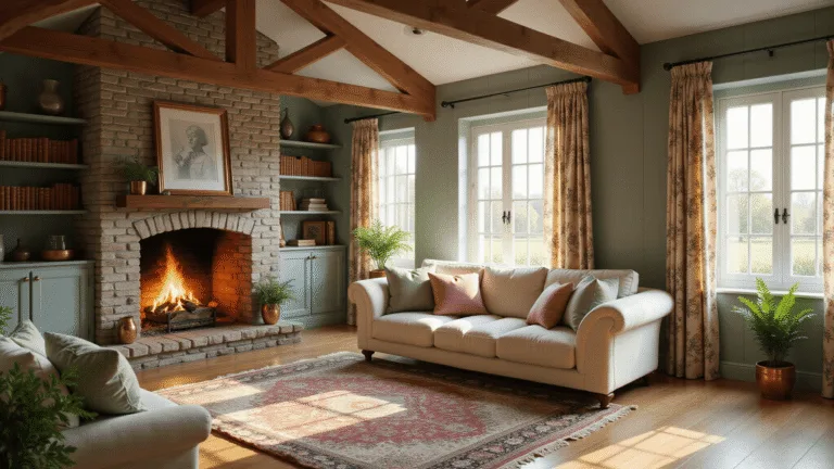 A cozy cottage living room featuring a grand stone fireplace, plush cream sofa with velvet pillows, and vintage Persian rugs, all bathed in warm afternoon light.
