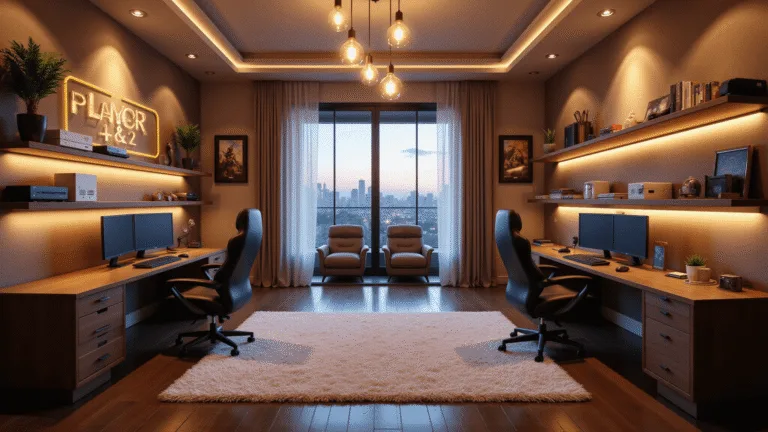 A luxurious gaming room featuring dual setups with ergonomic chairs, triple monitor displays, and ambient LED lighting, set against a muted gold and gray geometric accent wall, highlighted by a neon "PLAYER 1 & 2" sign and large windows overlooking city lights at golden hour.