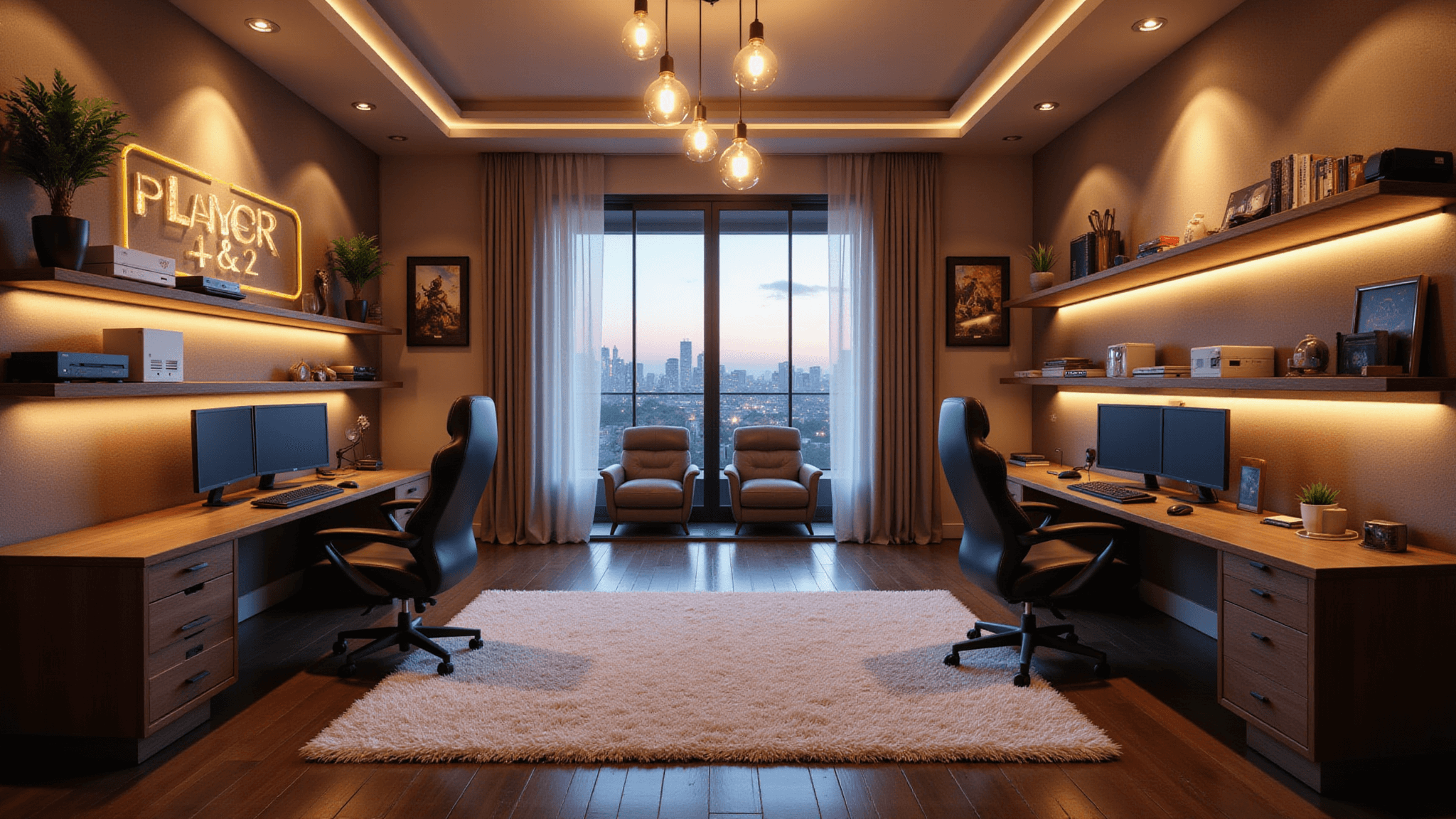 A luxurious gaming room featuring dual setups with ergonomic chairs, triple monitor displays, and ambient LED lighting, set against a muted gold and gray geometric accent wall, highlighted by a neon "PLAYER 1 & 2" sign and large windows overlooking city lights at golden hour.