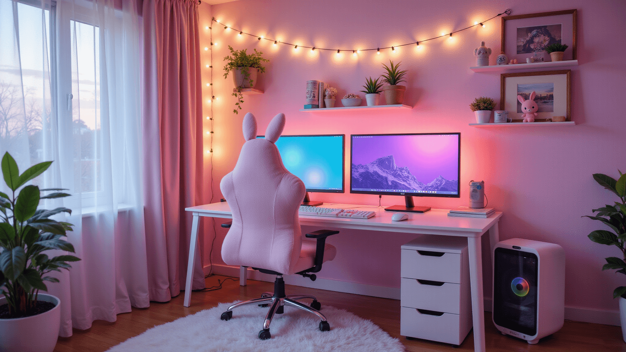 A cozy and aesthetic gaming setup for a girl, featuring a white L-shaped desk, dual 27-inch RGB monitors, kawaii decorations, plush pink gaming chair, and warm LED lighting, captured in soft natural light during golden hour.