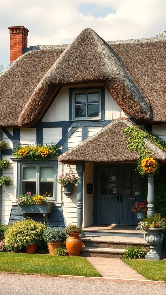 35 Dreamy Bloxburg House Ideas to Inspire Your Next Build A charming cottage with a thatched roof and colorful flower boxes.