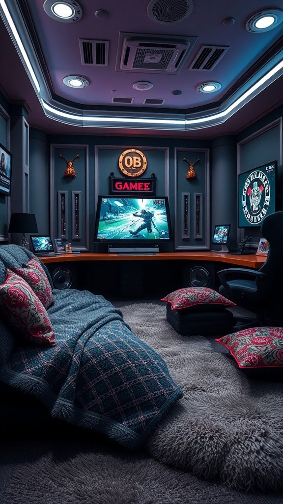 Cozy gaming room with soft textiles, including a blanket, pillows, and a plush rug.
