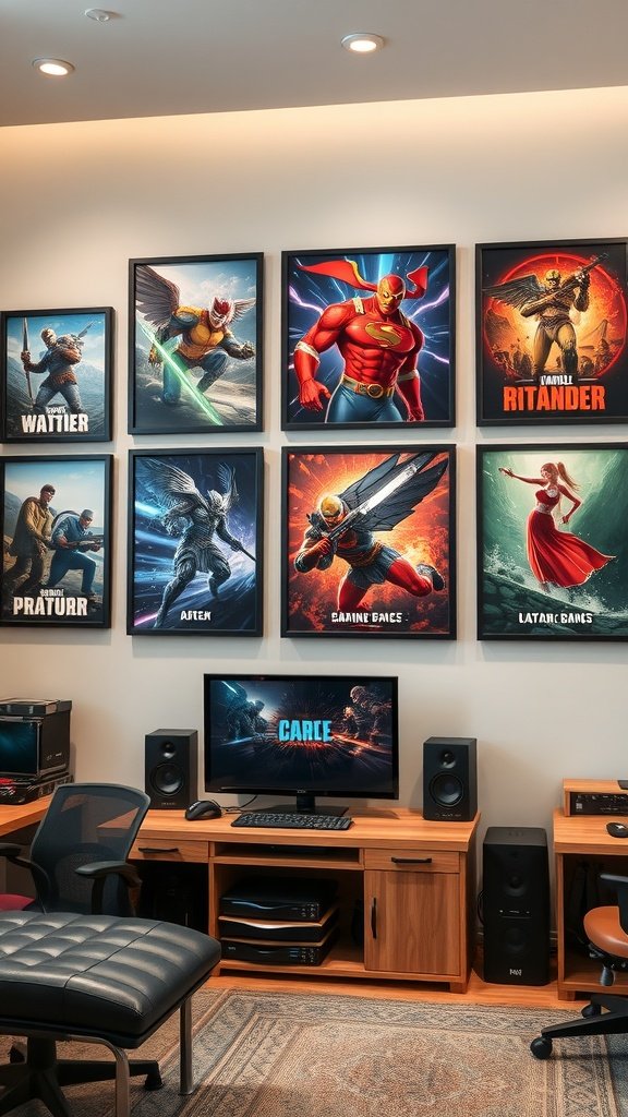 A gaming room with framed artwork of various game characters on the wall, showcasing a vibrant and personalized space.