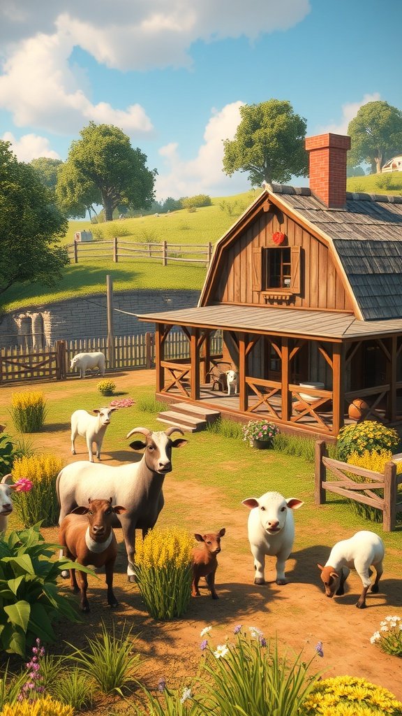 A charming farm scene with a wooden farmhouse and various animals like cows and sheep in a sunny landscape.