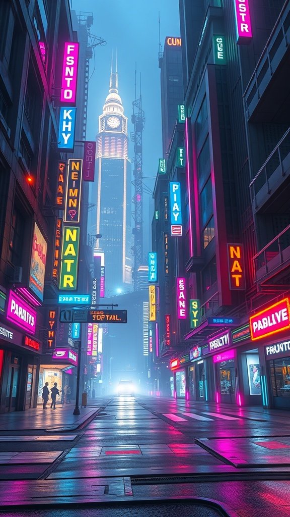 A vibrant cyberpunk city street with neon signs and misty atmosphere.