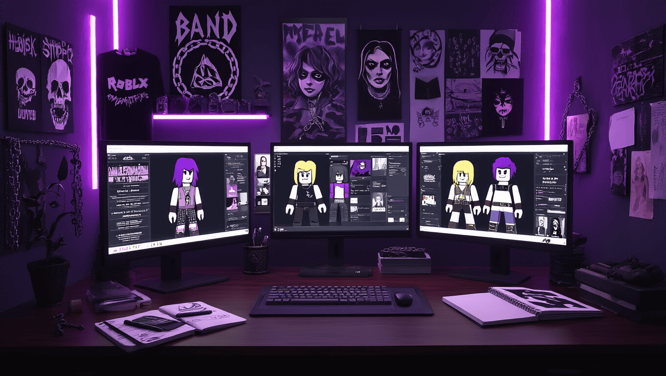 A dimly lit digital fashion studio with a dark mahogany desk, multiple monitors showcasing Roblox emo t-shirt designs, and ambient purple LED lighting. The walls feature inspiration boards with band logos and fabric swatches, while a drawing tablet and sketchbooks are scattered on the desk, all enhanced by dramatic shadows and soft neon accents.