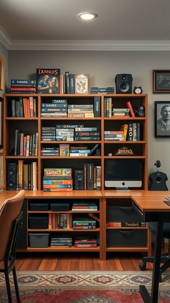 A cozy gaming room with a wooden bookshelf filled with board games and a desk.