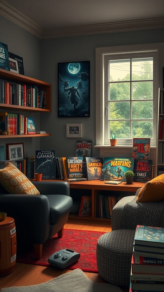 A cozy gaming room with a comfortable chair, bookshelves filled with gaming books, and warm lighting.