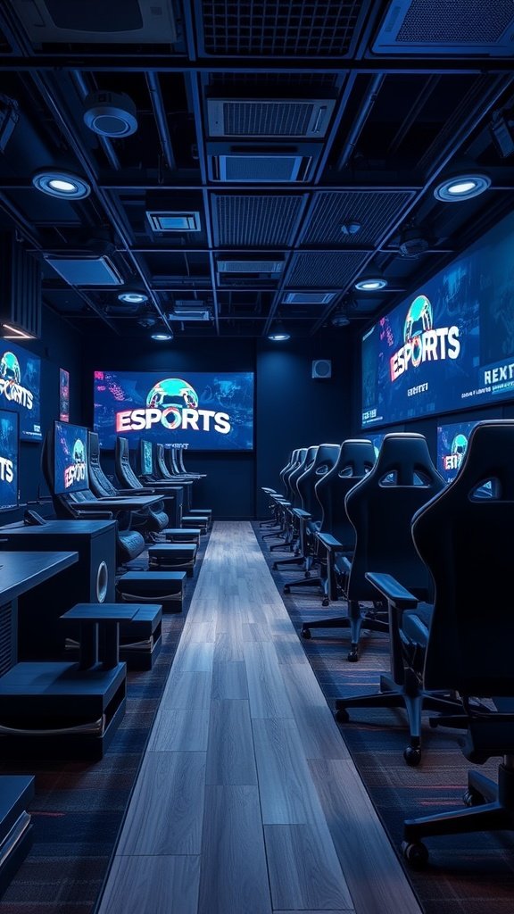 A modern esports gaming room with multiple gaming stations, ergonomic chairs, and large screens displaying esports branding.
