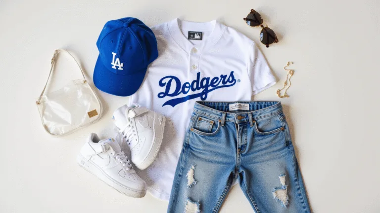 Flatlay of a vintage Dodgers jersey, distressed high-waisted mom jeans, white Nike Air Force 1s, and a blue team cap on a white surface, with a stadium-approved bag, gold jewelry, and Ray-Ban sunglasses, illuminated by warm natural light.