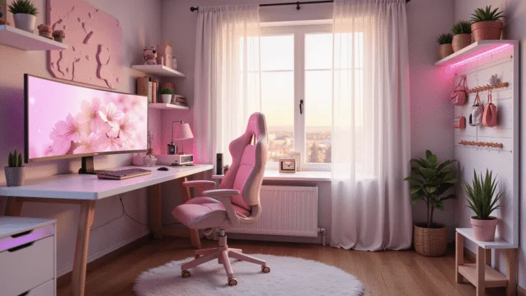 Photorealistic interior shot of a cozy pink-themed gaming setup in a bedroom, featuring a white L-shaped desk, blush pink ergonomic chair, ultrawide monitor with cherry blossom wallpaper, and ambient RGB lighting, decorated with kawaii figurines and succulents.