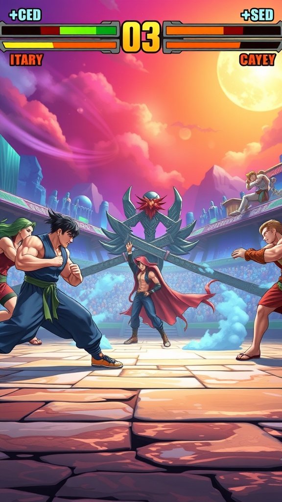 Dynamic fighting game scene with two characters ready to battle in a colorful arena.