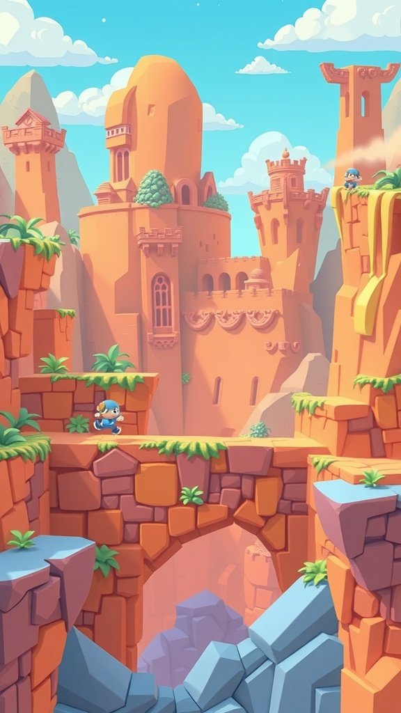 A vibrant platforming level with a character running across a rocky bridge, surrounded by castles and mountains.