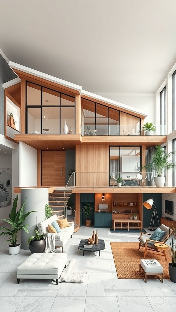 35 Dreamy Bloxburg House Ideas to Inspire Your Next Build A modern split-level house interior with wooden accents and a spacious layout.