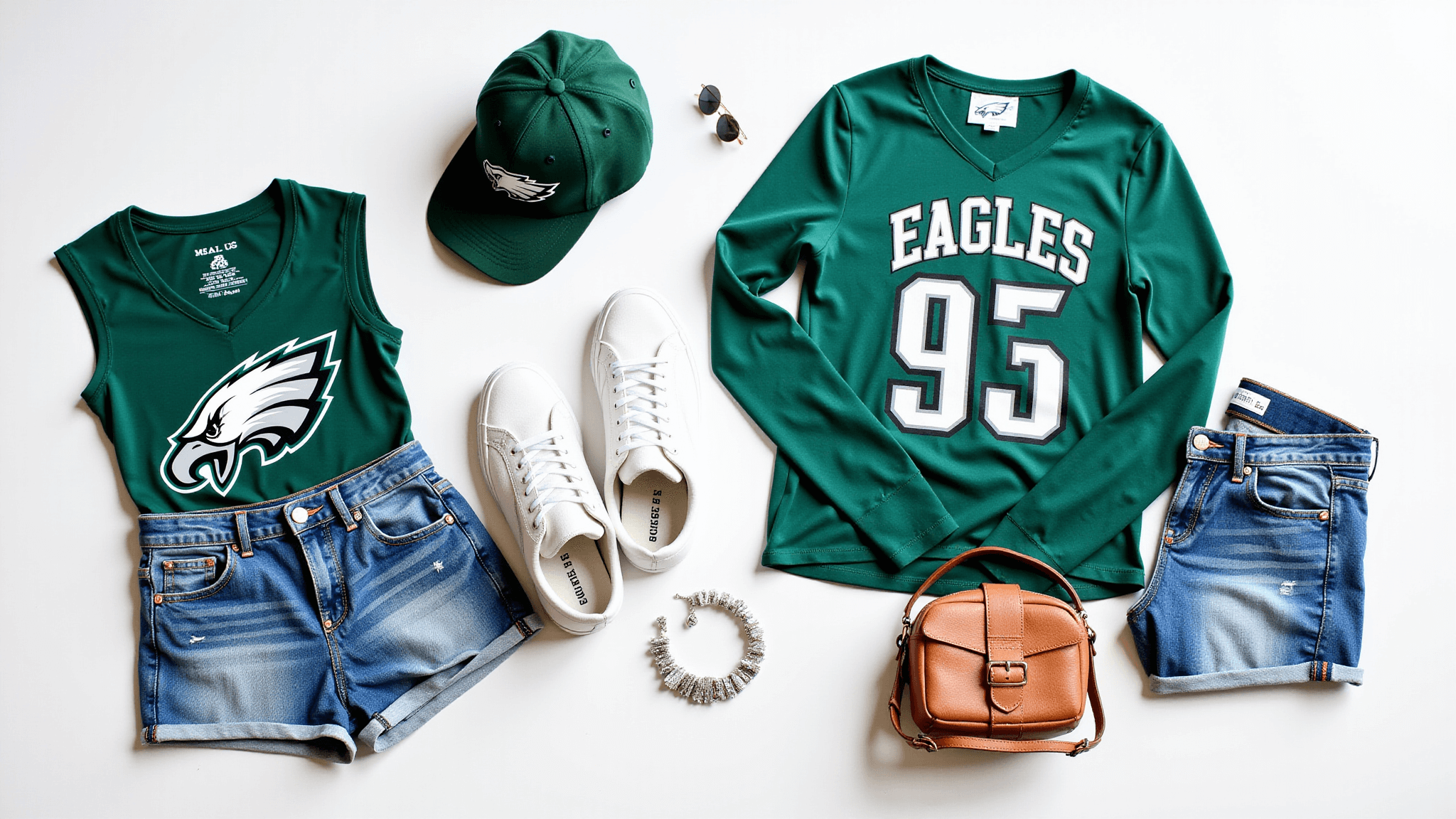 Flat lay of Philadelphia Eagles fan outfits on a white background, featuring a fitted jersey, high-waisted denim shorts, white sneakers, green-and-silver accessories, a vintage cap, and a leather crossbody bag, with statement jewelry and natural lighting highlighting textures.