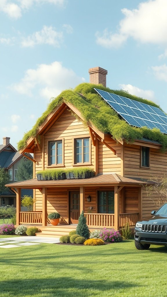 35 Dreamy Bloxburg House Ideas to Inspire Your Next Build A charming eco-friendly house with a green roof and solar panels.