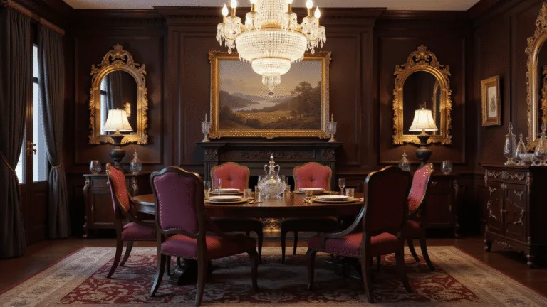 A luxurious dining room with a dark mahogany table surrounded by burgundy velvet chairs, illuminated by a grand crystal chandelier. The space features dark wood-paneled walls with gold-framed mirrors, a fireplace with an ornate mantel, and glass-fronted cabinets displaying fine china. The table is elegantly set with gold-rimmed plates and crystal stemware, creating a moody ambiance with dramatic lighting and architectural details.
