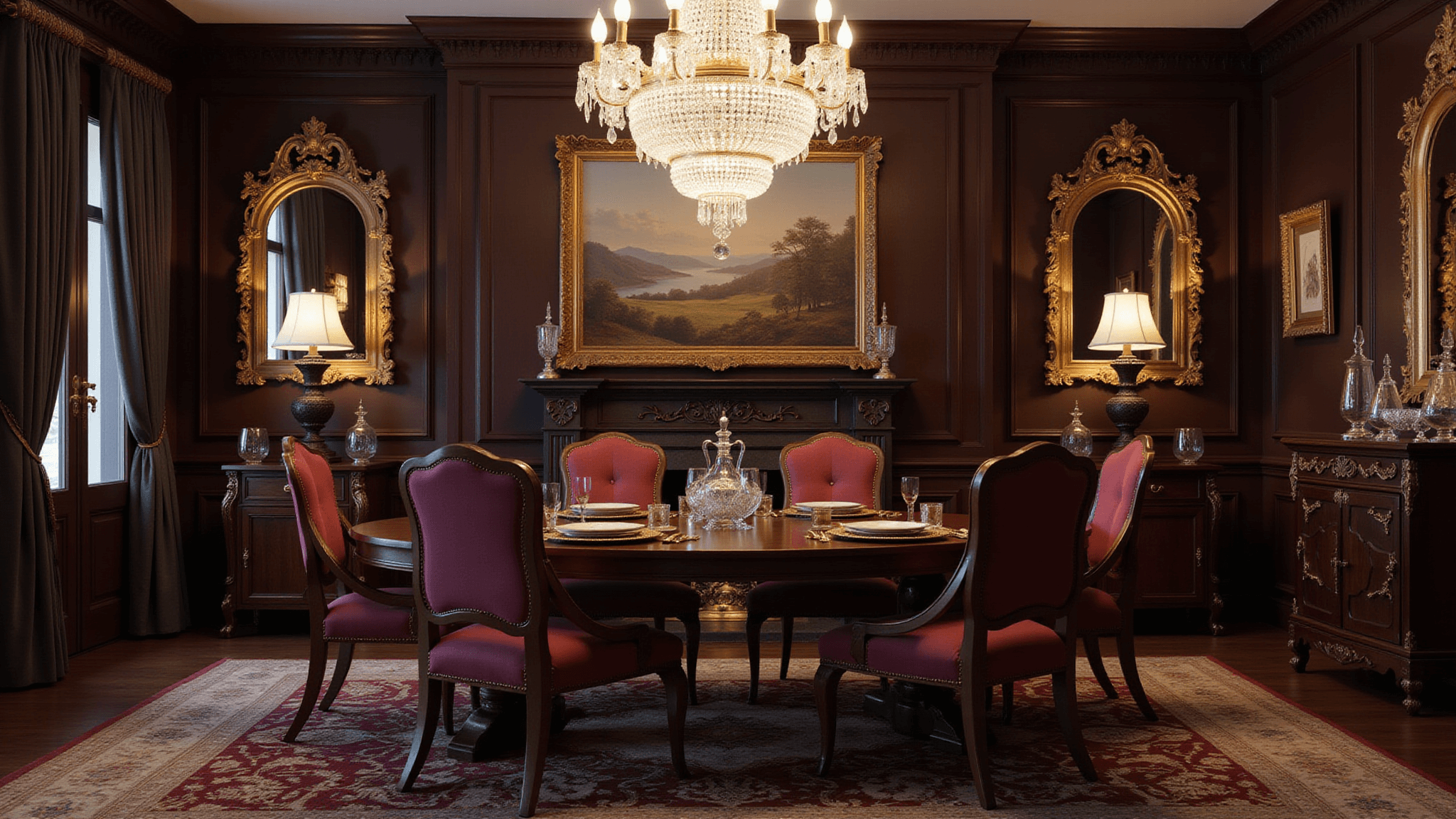 A luxurious dining room with a dark mahogany table surrounded by burgundy velvet chairs, illuminated by a grand crystal chandelier. The space features dark wood-paneled walls with gold-framed mirrors, a fireplace with an ornate mantel, and glass-fronted cabinets displaying fine china. The table is elegantly set with gold-rimmed plates and crystal stemware, creating a moody ambiance with dramatic lighting and architectural details.