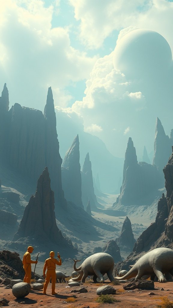 A vibrant alien landscape featuring two explorers in yellow suits and dinosaur-like creatures.