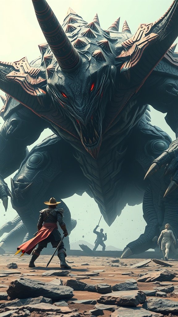 A warrior facing a giant monster in an epic boss battle