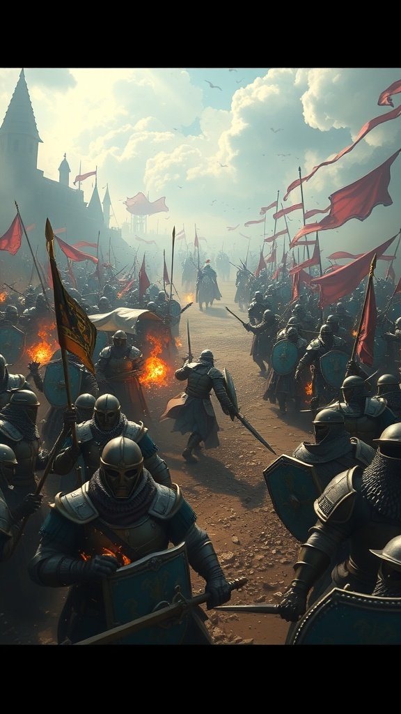 A scene depicting a large army of armored knights preparing for battle, with banners flying and a castle in the background.