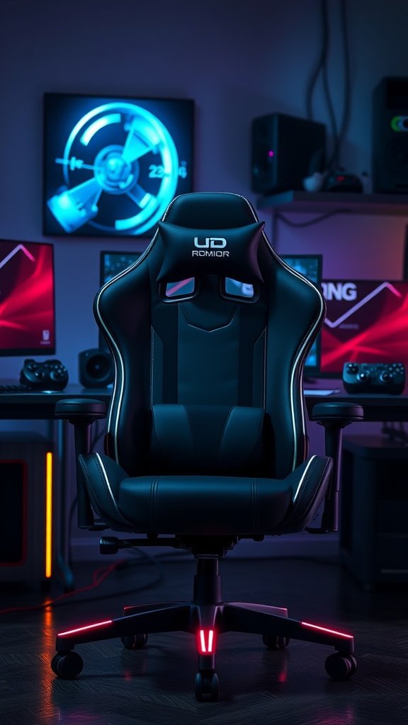 A stylish gaming chair in a modern gaming room setup with multiple monitors and colorful lighting.