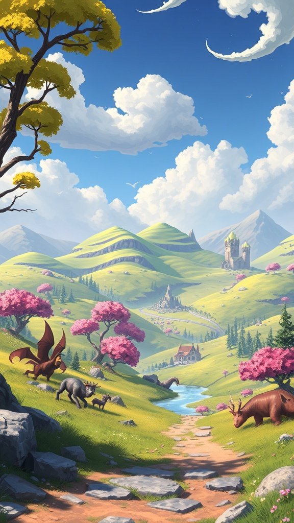 A colorful fantasy landscape featuring rolling hills, trees, mythical creatures, and a winding path.