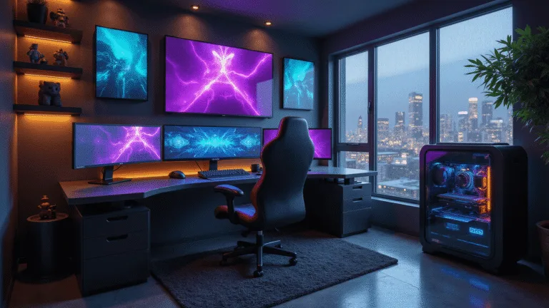 Photorealistic ultra-wide angle shot of a futuristic gaming setup featuring a carbon fiber L-shaped desk, triple curved OLED monitors, custom water-cooled PC emitting cyan and purple hues, and a sleek Herman Miller gaming chair, all illuminated by cinematic golden hour lighting with visible RGB components and a night cityscape visible through floor-to-ceiling windows.