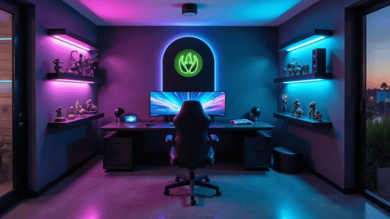A sleek futuristic gaming room featuring a curved ultrawide monitor, RGB LED lighting, and a black leather gaming chair, all set against dark gray walls with dynamic ambient lighting and polished concrete floors.