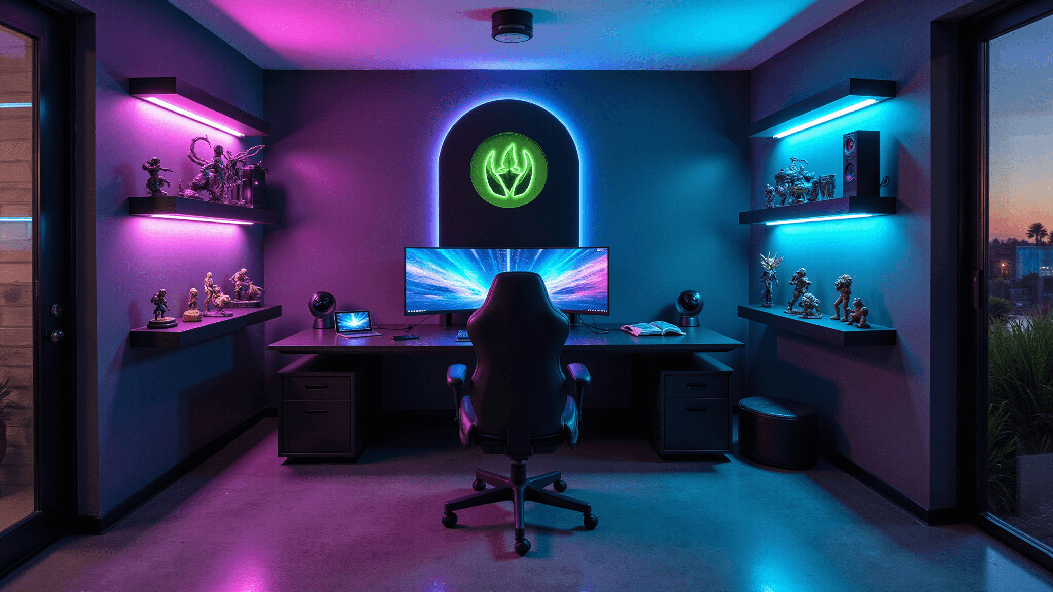A sleek futuristic gaming room featuring a curved ultrawide monitor, RGB LED lighting, and a black leather gaming chair, all set against dark gray walls with dynamic ambient lighting and polished concrete floors.