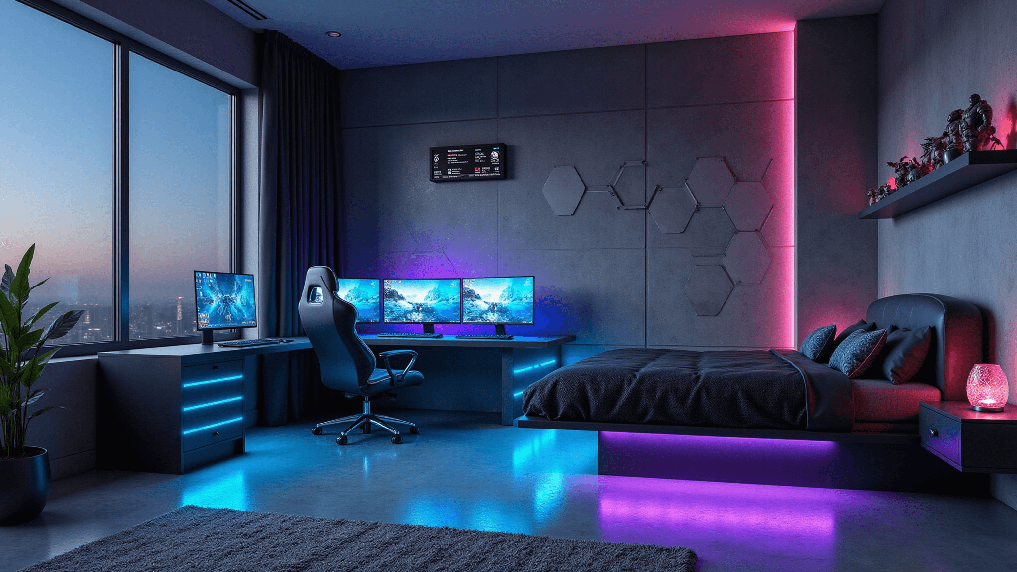 A futuristic gaming bedroom featuring a high-tech L-shaped floating desk with triple curved monitors, a custom ergonomic chair, and a floating platform bed with LED underglow, all illuminated by cyberpunk-inspired lighting and programmable RGB wall panels.