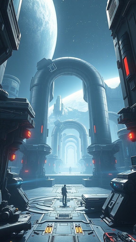 A futuristic sci-fi landscape with towering structures, glowing lights, and a massive planet in the background.
