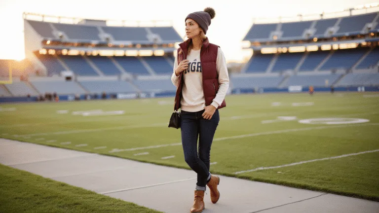 A young woman walks outside a football stadium at golden hour, dressed in a layered outfit featuring a cream thermal base, oversized team jersey, and a team-colored puffer vest. She pairs high-waisted dark wash jeans with cognac leather boots and visible thick wool socks, topped with a chunky knit beanie in team colors. A crossbody bag completes her look as stadium lights illuminate her rosy cheeks in a photorealistic, editorial style.