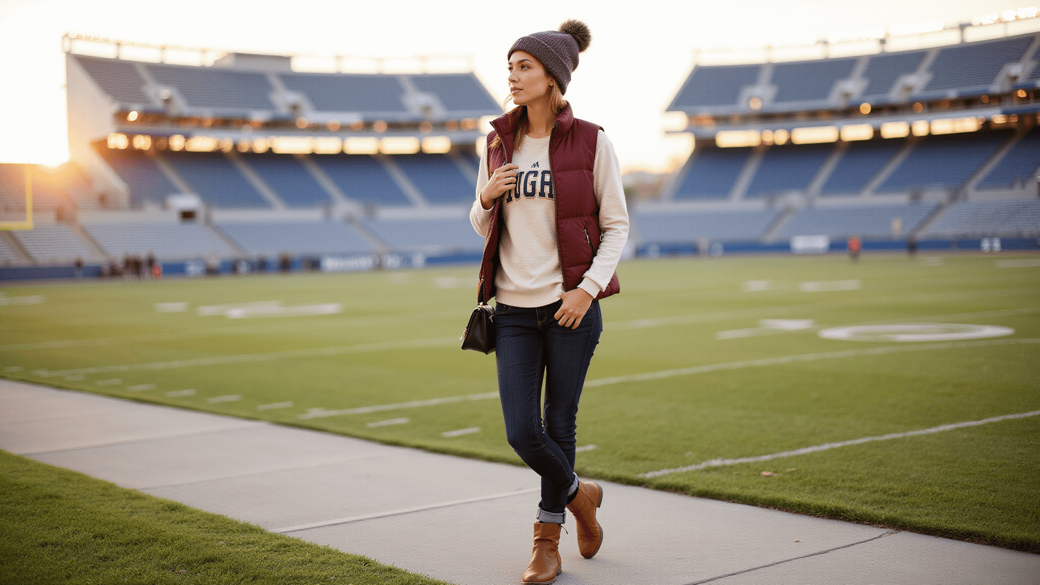 A young woman walks outside a football stadium at golden hour, dressed in a layered outfit featuring a cream thermal base, oversized team jersey, and a team-colored puffer vest. She pairs high-waisted dark wash jeans with cognac leather boots and visible thick wool socks, topped with a chunky knit beanie in team colors. A crossbody bag completes her look as stadium lights illuminate her rosy cheeks in a photorealistic, editorial style.