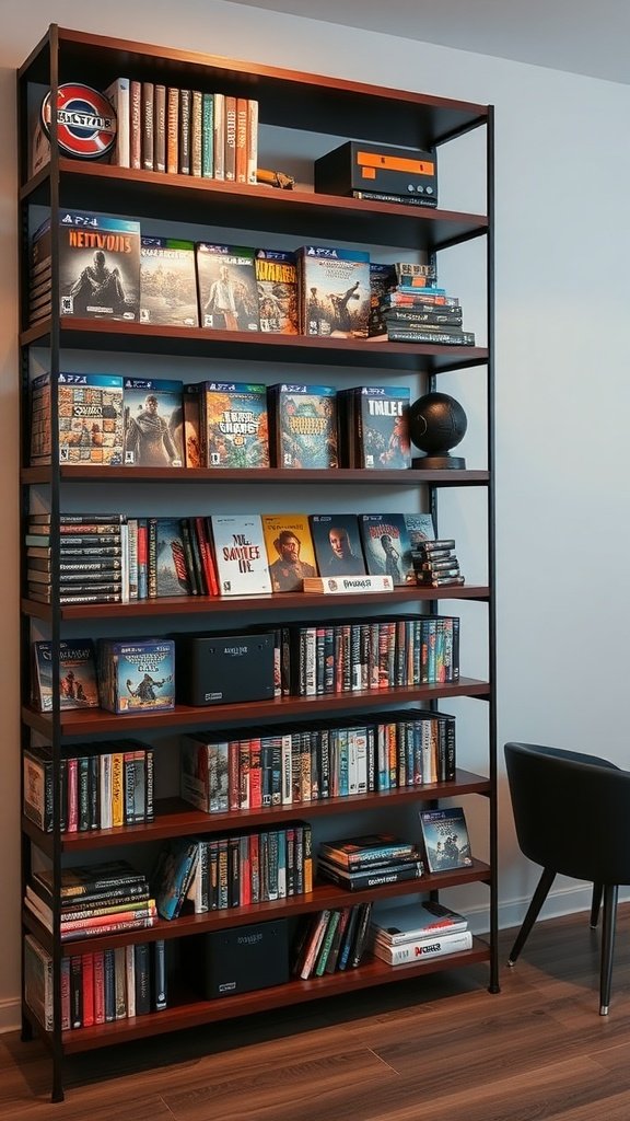 A well-organized shelf in a gaming room displaying various video games, books, and decorative items.