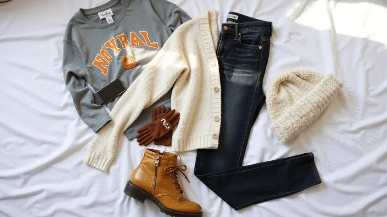 Stylish flat lay of game day fashion essentials on a white duvet, featuring a vintage team jersey, chunky cardigan, dark denim jeans, combat boots, a clear stadium bag, and accessories like a pearl beanie, touch-screen gloves, and a team-colored scarf, all illuminated by soft natural morning light.